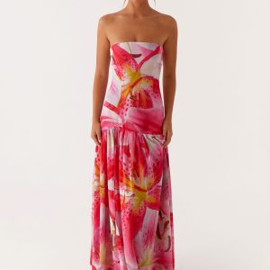 Eden Strapless Maxi Dress - White Pink Lilly