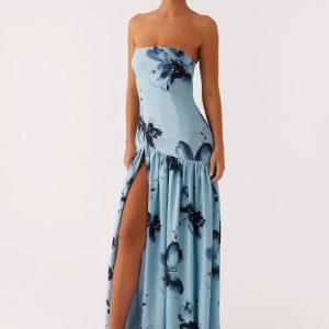Eden Strapless Maxi Dress - Blue Black Floral