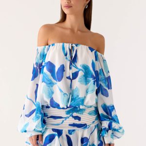 Eira Balloon Sleeve Mini Dress - Cerulean Bloom