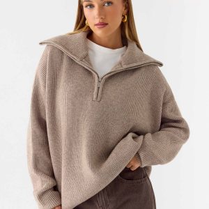 Eirena Quarter Zip Knit Sweater - Tan