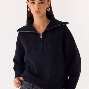 Eirena Quarter Zip Knit Sweater - Black