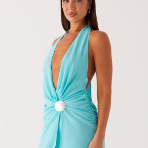 Eleanora Plunge Mini Dress - Turquoise