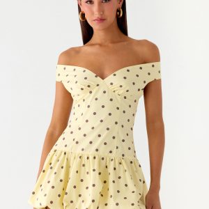 Endless Romance Off Shoulder Mini Dress - Yellow Polkadot
