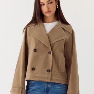 Evan Faux Suede Short Trench Jacket - Tan