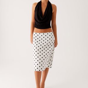 Evoke Chiffon Midi Skirt - White Polka Dot