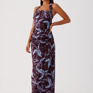 Fauna Halter Maxi Dress - Brown Purple Floral
