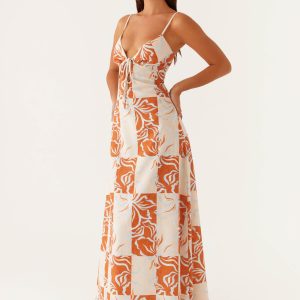Flora Linen Maxi Dress - Orange Blue Floral