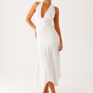 Grettana Halter Neck Midi Dress - White Polka Dot