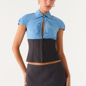 Harlee Poplin Suiting Top - Charcoal