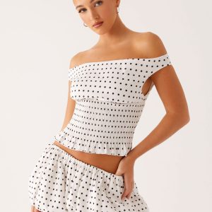 Heather Off Shoulder Top - White Black Polka Dot