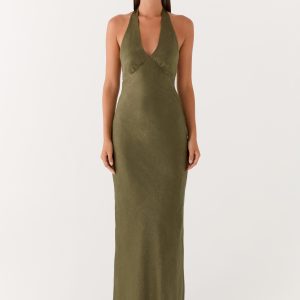 Heavy Hearted Satin Maxi Dress - Khaki