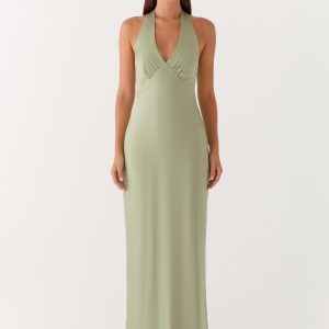 Heavy Hearted Satin Maxi Dress - Sage