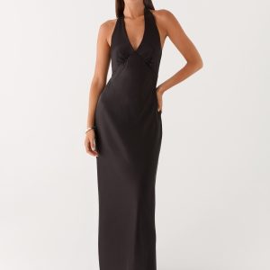 Heavy Hearted Satin Maxi Dress - Black