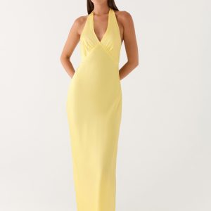 Heavy Hearted Satin Maxi Dress - Lemon