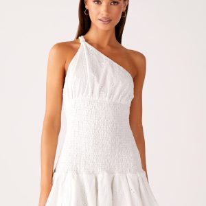 Hestia Drop Waist Shirring Mini Dress - White