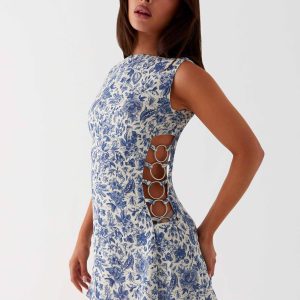 Indigo Bloom Linen Mini Dress - Blue Paisley