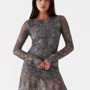 Ines Long Sleeve Mini Dress - Brown Floral