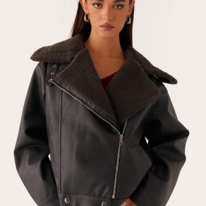 Inka PU Leather Shearling Jacket - Charcoal