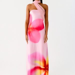 Isa Scarf Satin Maxi Dress - Frangipani Pink