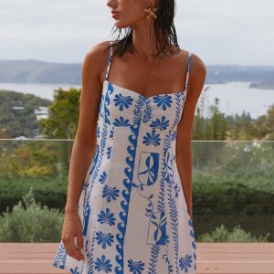 Isra Linen Mini Dress - Floral Wave