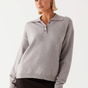 Jaden Knit Polo Top - Grey Marl