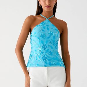 Janelle Beaded Halter Top - Blue