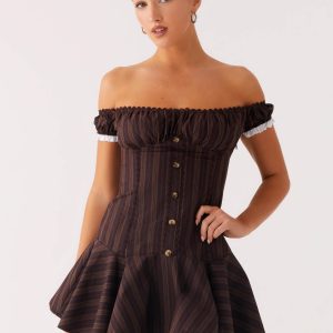 Jumana Off Shoulder Mini Dress - Toffee Stripe