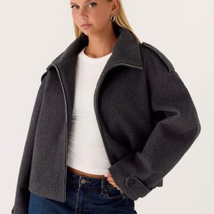 Kaiden Faux Wool Bomber Jacket - Charcoal