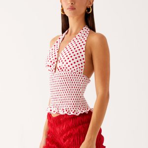 Kamren Halter Top - White Red Polka Dot