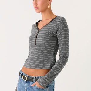 Kaytra Long Sleeve Top - Grey Marle Stripe