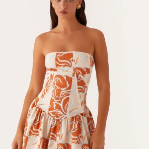 Larnie Linen Mini Dress - Orange Blue Floral