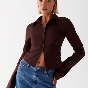 Leah Fitted Button Up Shirt - Chocolate