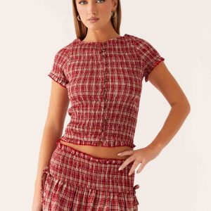 Lenore Button Top - Ruby Check