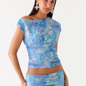 Liana Asymmetrical Top - Aqua Paisley