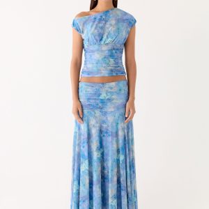 Liana Ruched Maxi Skirt - Aqua Paisley