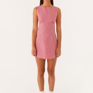 Lotus Tie Back Mini Dress - Red Gingham