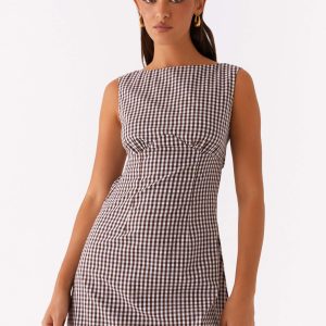Lotus Tie Back Mini Dress - Chocolate Gingham