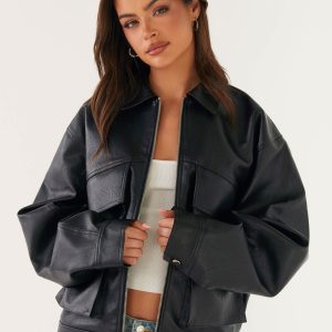 Lula Faux Leather Bomber Jacket - Black