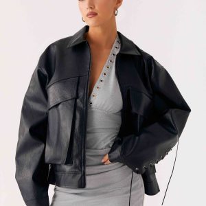 Lula Tassle Faux Leather Bomber Jacket - Black