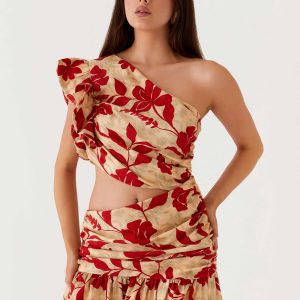 Maisie Linen Mini Dress - Red Green Floral