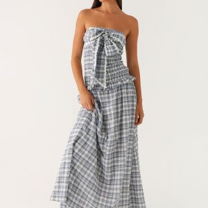 Malia Shirred Maxi Dress - Blue Grey Check