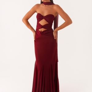 Melrose Satin Chiffon Maxi Dress - Deep Red