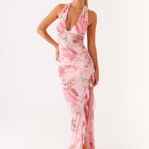 Micca Halter Maxi Dress - Pink Floral Print