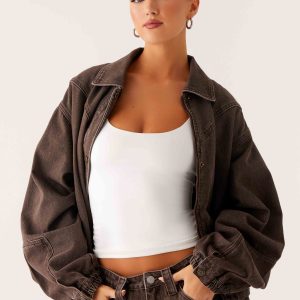 Midwest Washed Denim Bomber Jacket - Light Wash Chocolate