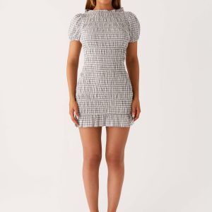 Millicent Ruched Mini Dress - Grey Check