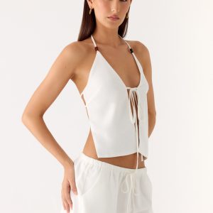 Millo Linen Tie Halter Top - Ivory