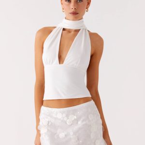 Milos Scarf Halter Neck Top - White