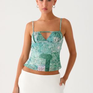 Nalini Ruched Neckline Top - Green Paisley