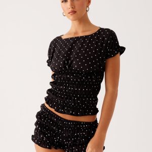 Natalia Ruched Top - Black Polka Dot