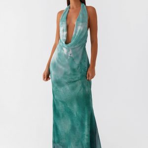 Nerissa Cowl Neck Maxi Dress - Green Tie Dye